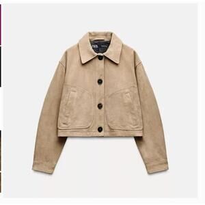 Zara 100% Leather Cropped Suede Jacket Beige Button Womens Size XS minimalist